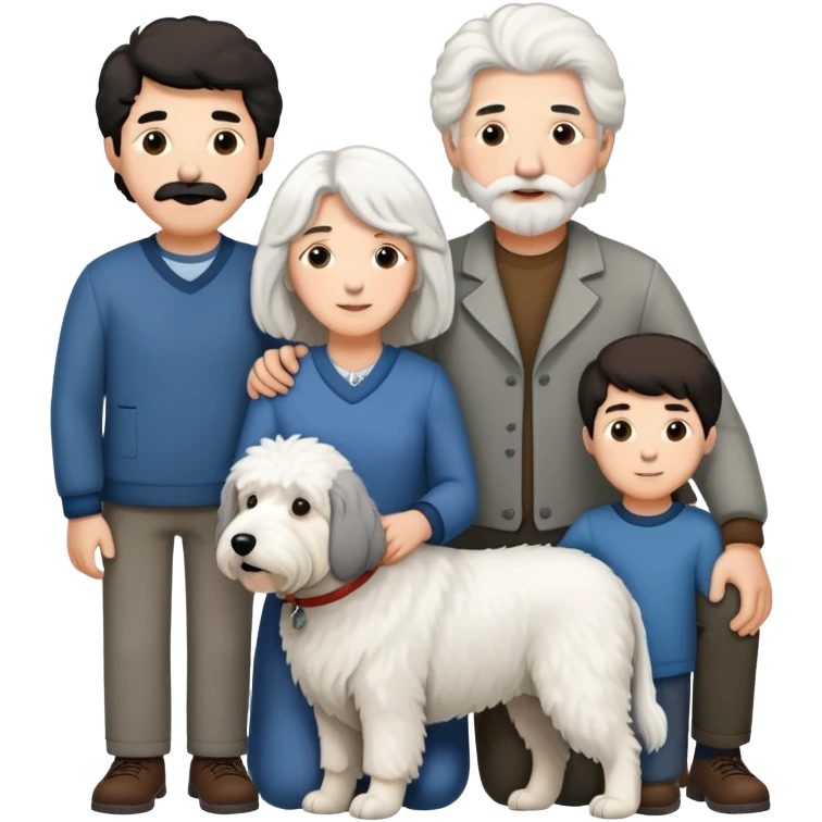 A family with mom, dad, three sons, and an Old English Sheepdog emoji