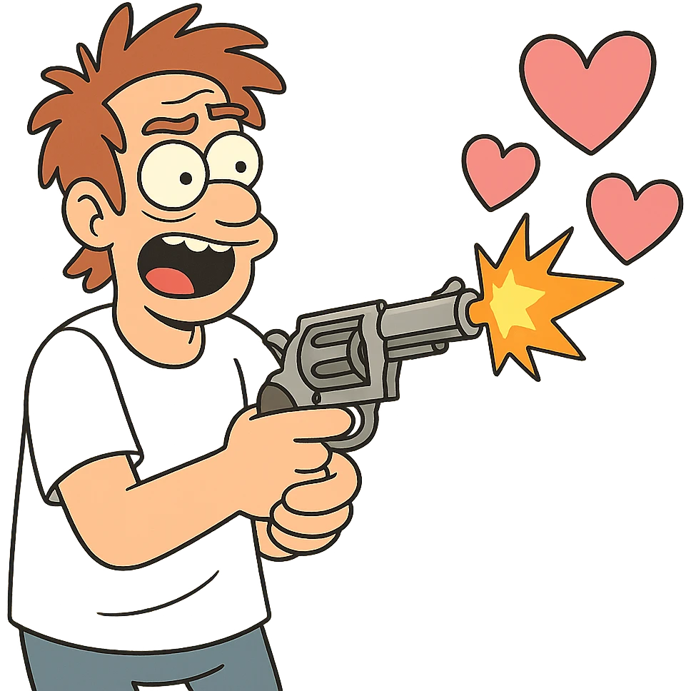 a gun firing heart-shaped bullets, fun and whimsical, cartoon style, bright colors emoji
