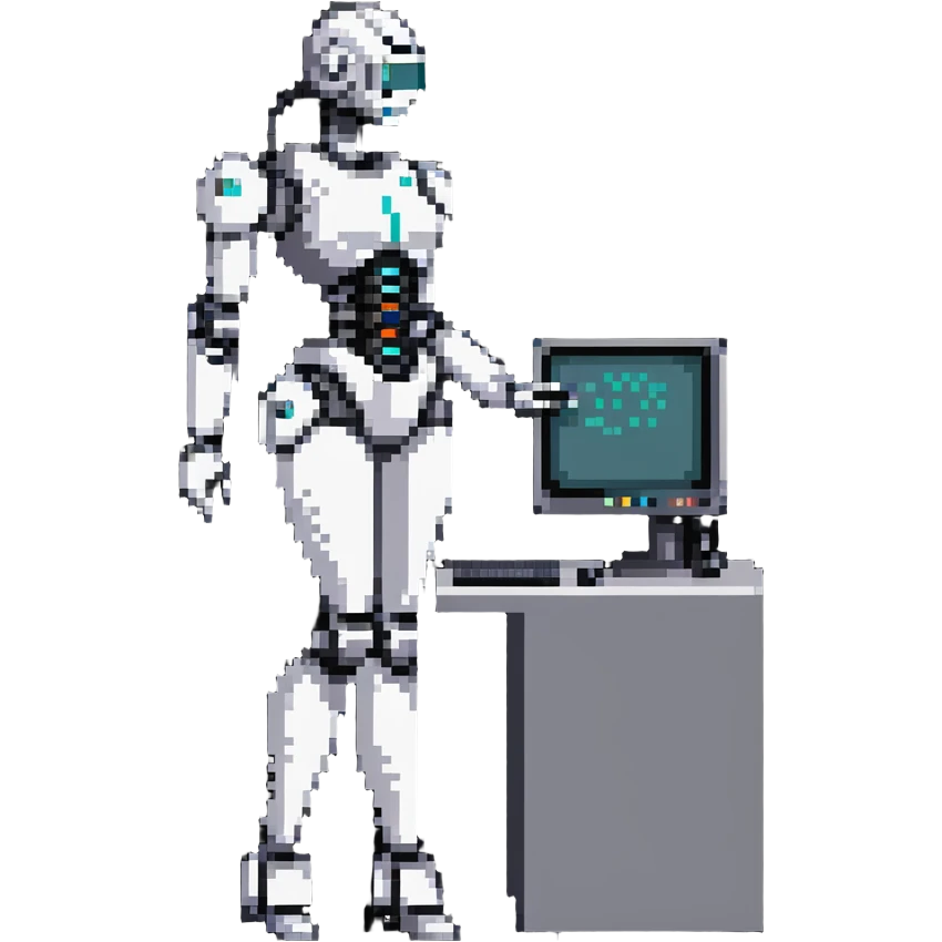 Curvy female robot with computer monitor head, stylish outfit emoji