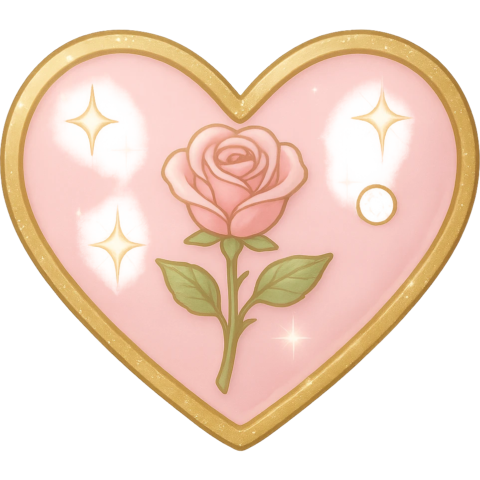 Make the single rose pink heart in pastel pink enamel with sparkling gems and a gold outline, with a soft glowing effect. The image should be tiny size and have no background. emoji