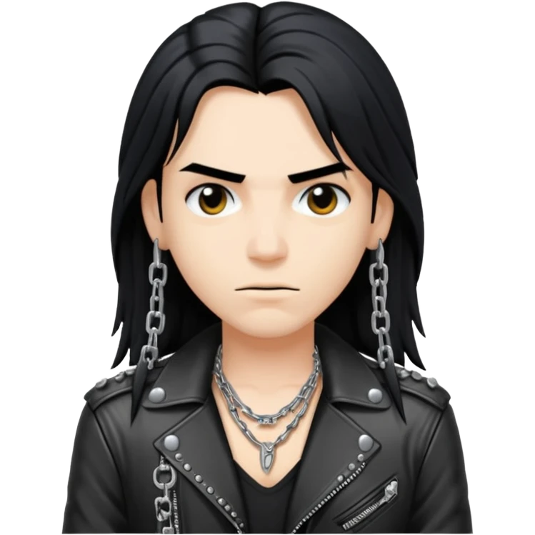 A fan of heavy extreme music, a metalhead with long black hair, rivets in chains on a leather jacket emoji
