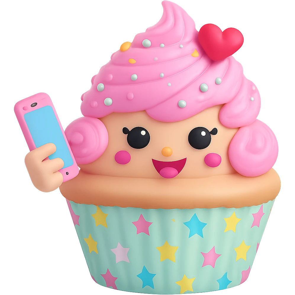 Change the cupcake wrapper pattern to pastel stars, keep the rest of the 3D kawaii cupcake character the same, no background, transparent PNG. The style is 3D kawaii cupcake character with a focus on pastel colors and a cute appearance. emoji