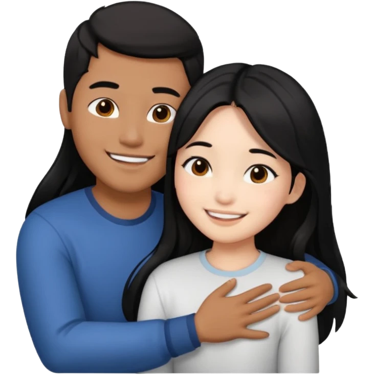 Asian guy with brown skin, short black hair, and a Asian girl with white skin and long black hair hugging  emoji
