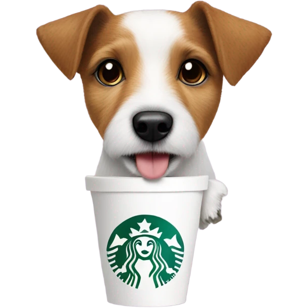 Parson Russell terrier head with a pup cup from Starbucks emoji