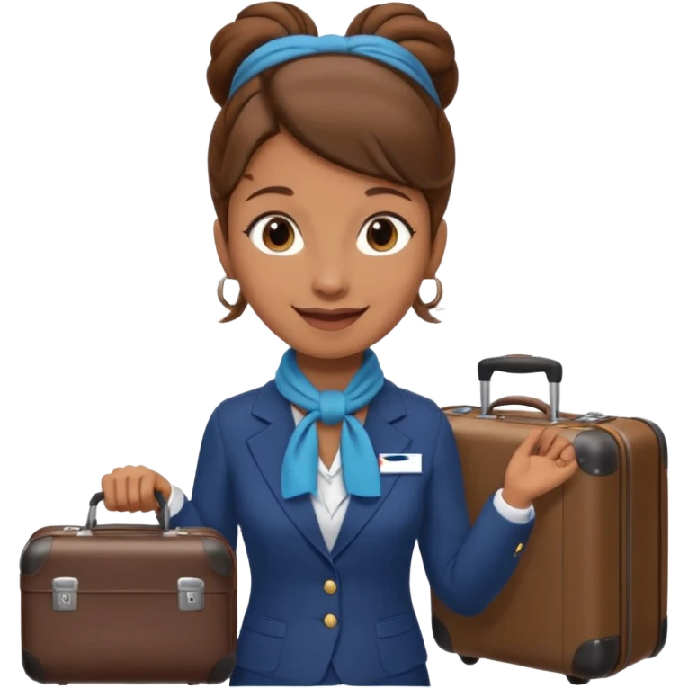 flight attendant, Light Brown skin, brown hair in single bun, neck scarf, suitcase emoji