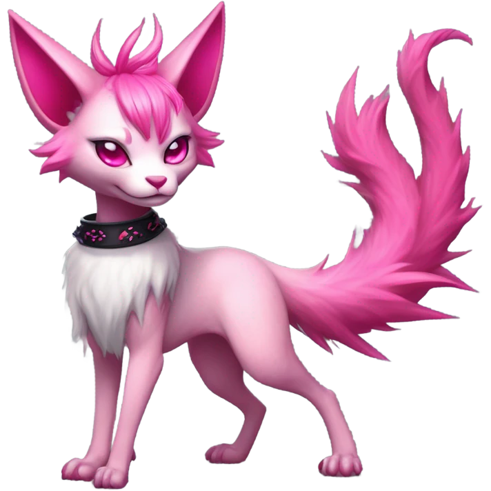 Full body female, succubus kitsune, neon pink eyes, vibrant pink hair, alabaster skin, fluffy black tails, pink tail tips, spiked choker, unique heritage, seductive charm, rebellious spirit, traditional kimonos, spiked anklets, and Barefoot 
 emoji