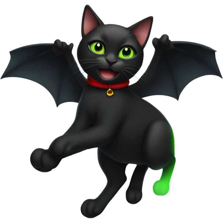 Black cat with green eyes flying in the sky with red shoes on paws  emoji