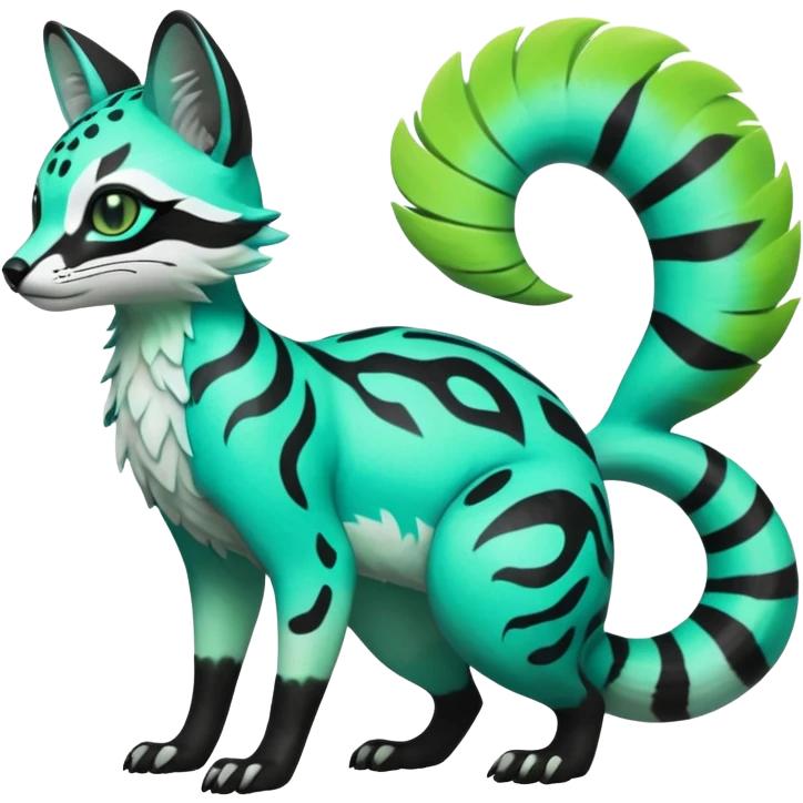 Rare realistic iridescent neon lime-green & cyan white black lush tropical exotic edgy epic pretty beautiful handsome gorgeous aesthetic colorful vibrant Vernid-Protogen-Primagen-Genet-Trico-species-Fakemon-hybrid-creature by LiLaiRa, beautiful intricate markings, full body emoji