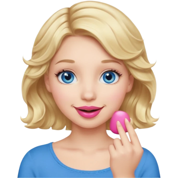 Girl Blonde short wavy hair,  blue eyes, cute blue top, long lashes, pink lips, smiling, hand over the mouth emoji