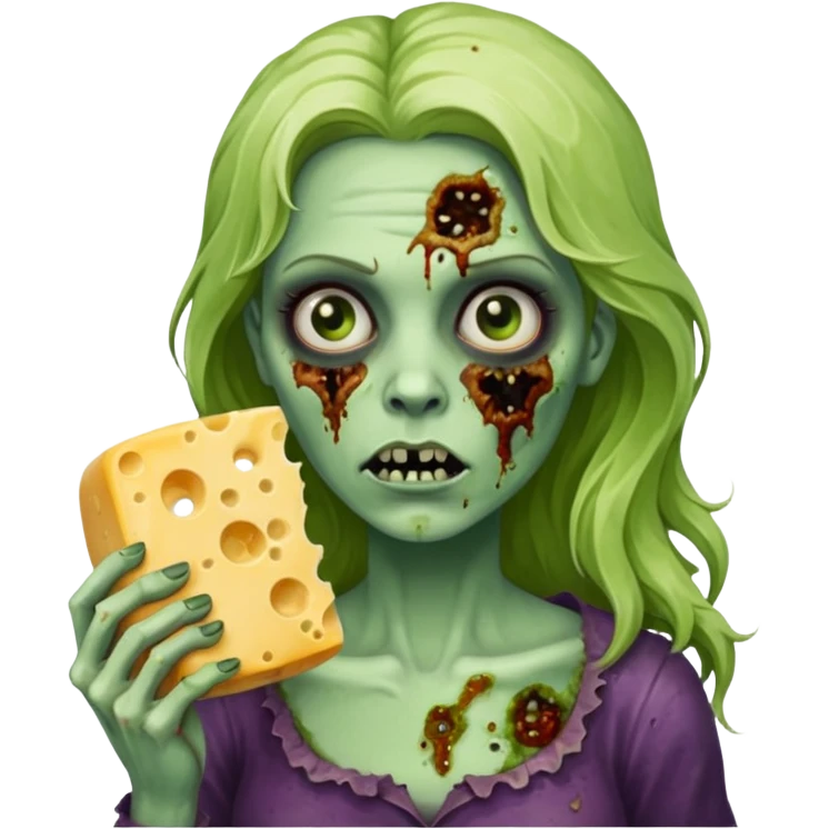 woman zombie holding moldy cheese piece emoji