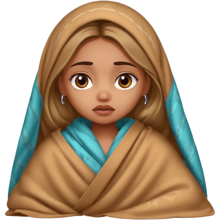 a pretty bratz fair indian girl wearing a brown pajamas and blnaket, dark circles, crying emoji