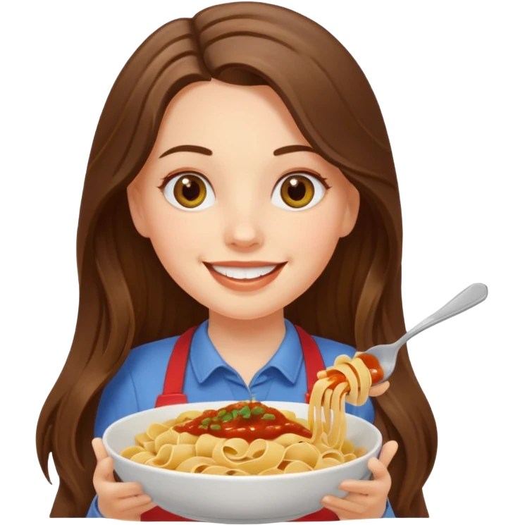 smiling white long brunette hair girl with hazel eyes with pasta emoji