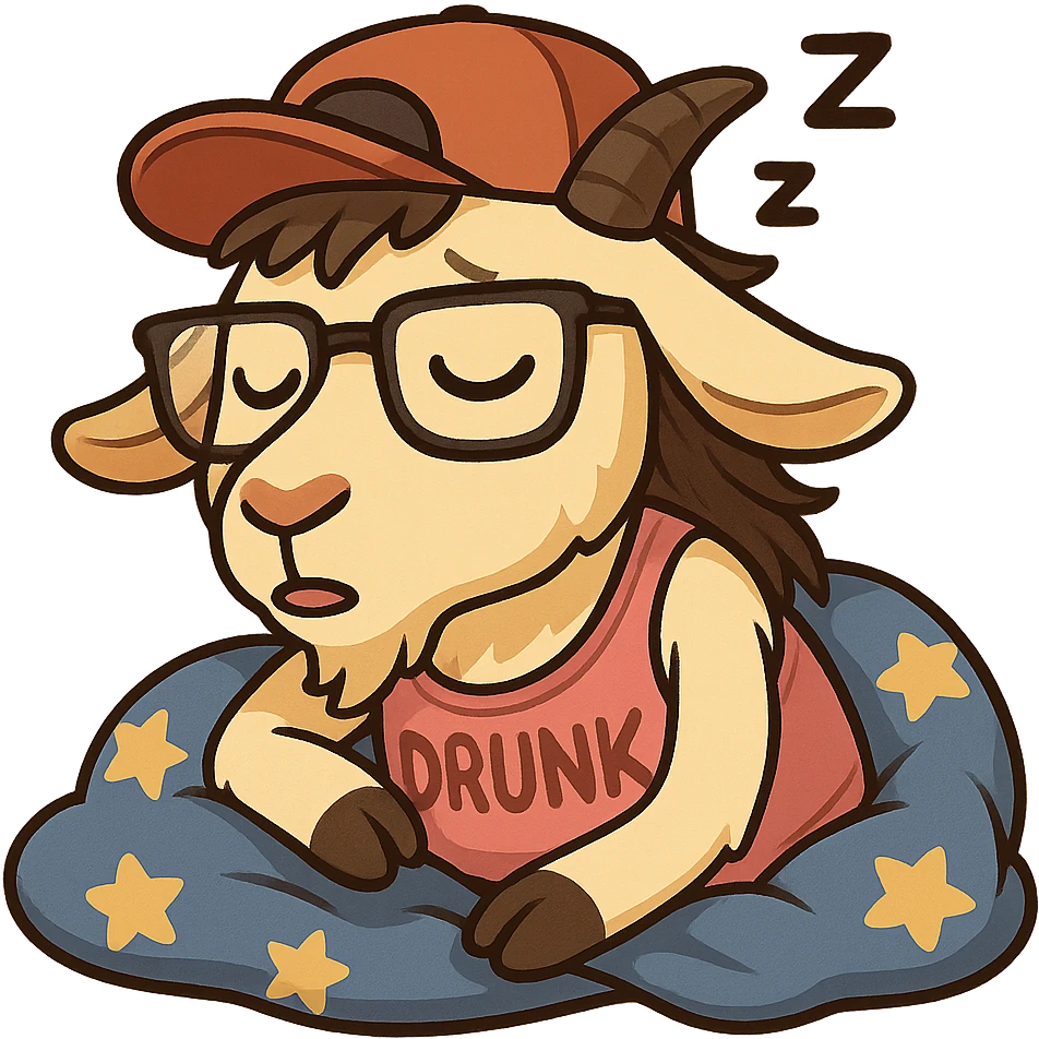 goat for Telegram stickers inspired by reference https://attic.sh/feoducyurkpqwz0la088soao98sx: wearing a cap, glasses, mullet hairstyle, pink drunkard tank top. спит на голубых тряпках с узором звездочка emoji