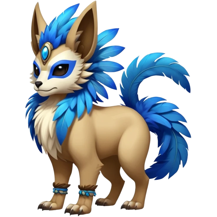 Furry cute colorful exotic tribal feral anime-styled Fakémon-Pokémon-animal-creature with a skull mask, and a feather-mane-collar, and blue feathers, with long furry ears, long furry tail, 4 legs, (full body) emoji