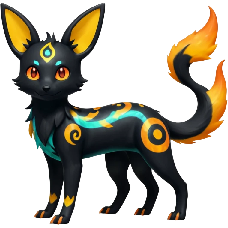 Shiny Fiery Dark Glowing Ethereal Eldritch Cool Edgy Badass Punky Aural Iridescent Fluorescent Bioluminescent Umbreon-Amaura-Salandit-Litten-Flareon-Fakémon-fusion (full body) with pattern markings emoji