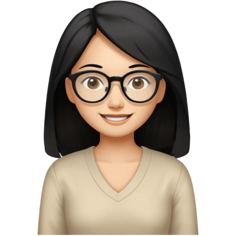 medium tan asian woman with long black hair past middle of back, round brown eyes, white v neck blouse. she has black  square frame glasses on and smiling with no teeth emoji
