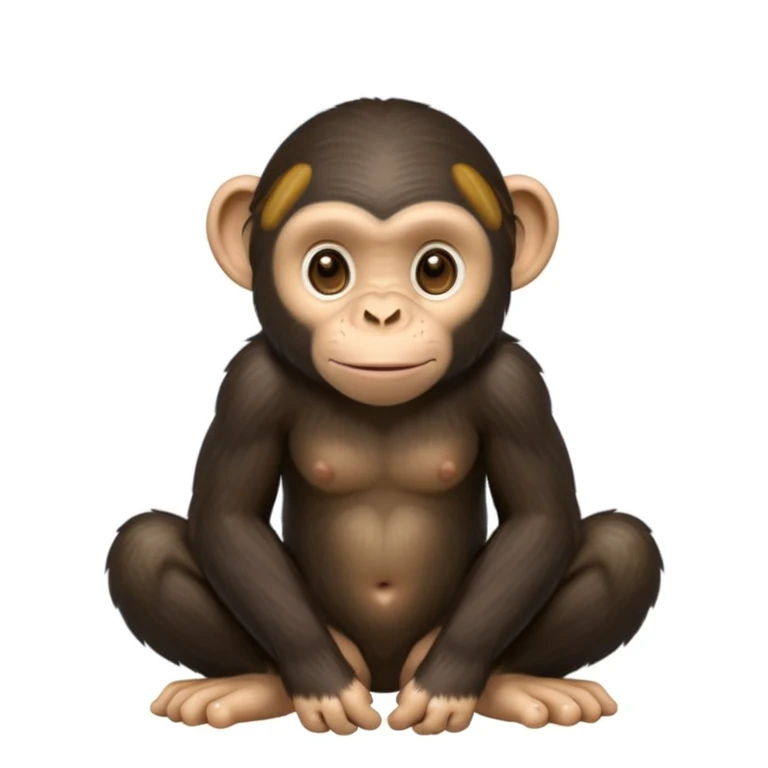 caricatured chimpanzee squatting with friendly and realistic expression, soft details, natural colors, large expressive eyes, rounded ears, visible hands resting on the ground, smooth lighting, clean modern emoji style, white solid background with white sticker-like border around the chimpanzee emoji