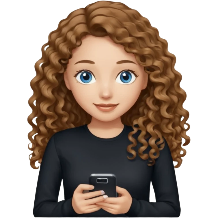 generate a pretty woman with blue eyes, light skin and medium brown long wavy almost curly shiny hair holding a phone she is looking at the phone while looking down at the screen. she is wearing an ALL black long sleeve. she is smiling emoji