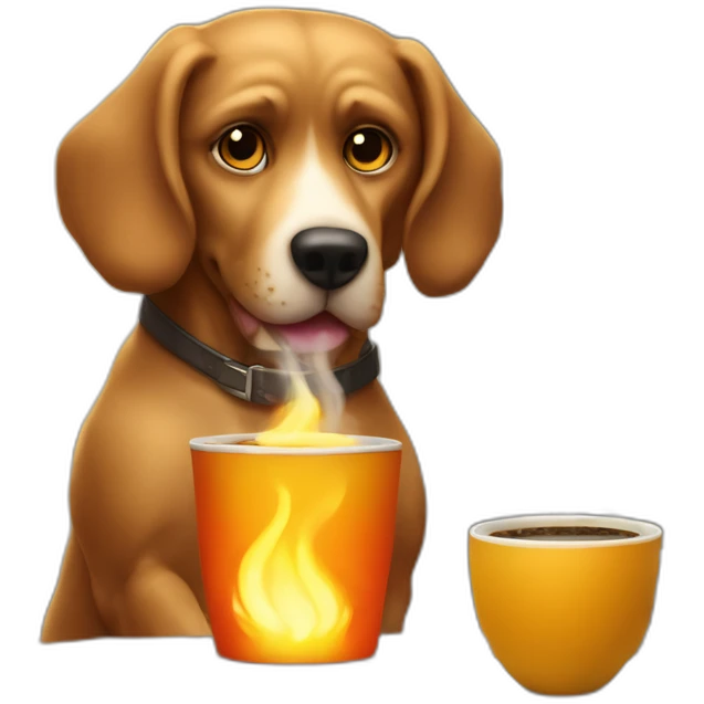 Anthropomorphic dog sitting on a table drinking coffee while its surrounding is on fire emoji