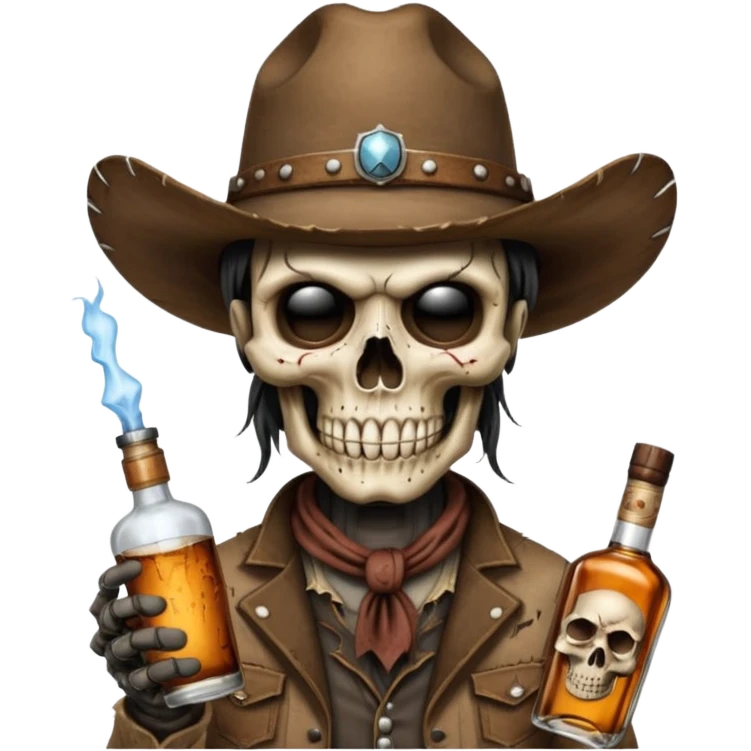 A rough and tumble cowboy with a 6 shooter and a bottle of whiskey. From the view of a bird looking down on the cowboy. Make the graphics dark and gritty in the style of your beeding skull art. Just a skull with a cowboy hat this rime emoji