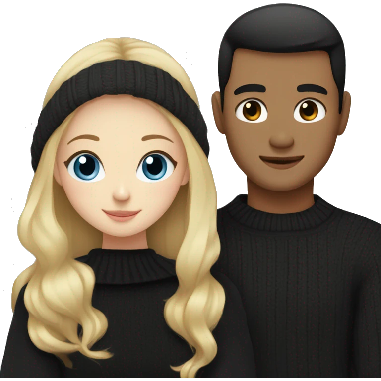 Blonde girl with blue eyes in black sweater and an east asian man with black hair and black eyes hugging emoji