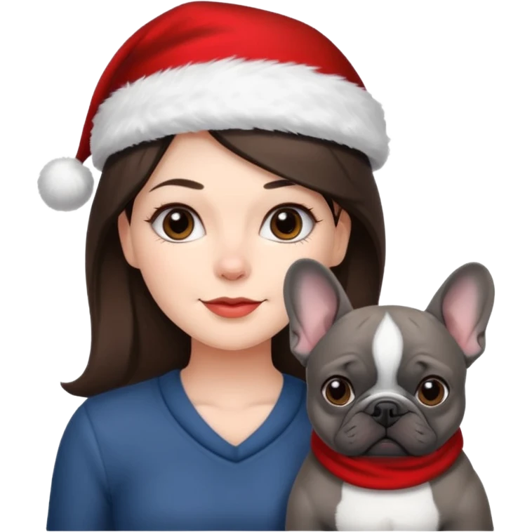 brunette woman with a dark grey French bulldog both wearing Santa emoji