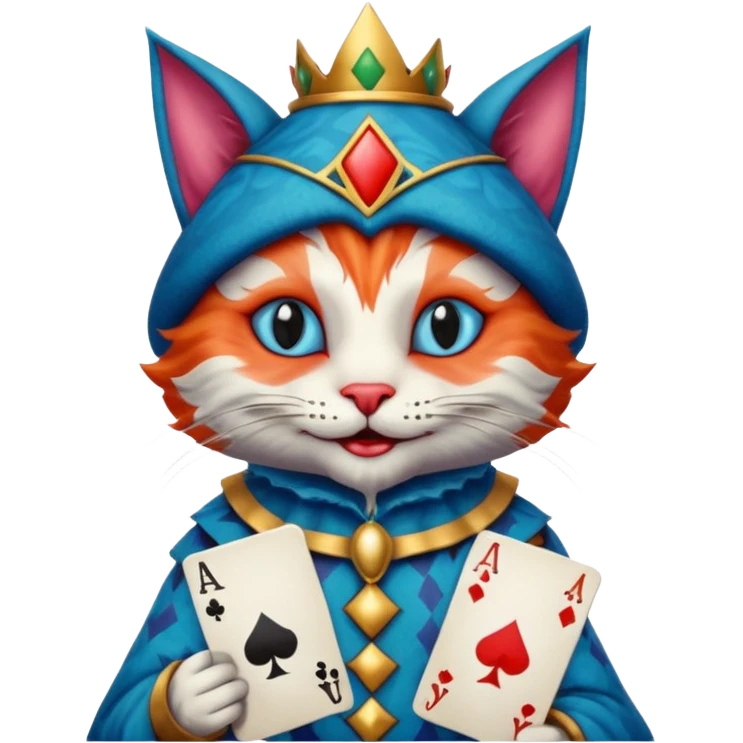 crazy colorful cute little cat jolly joker from poker, medieval, vintage, court jester, mac os icon, blue color, holds a poker card emoji