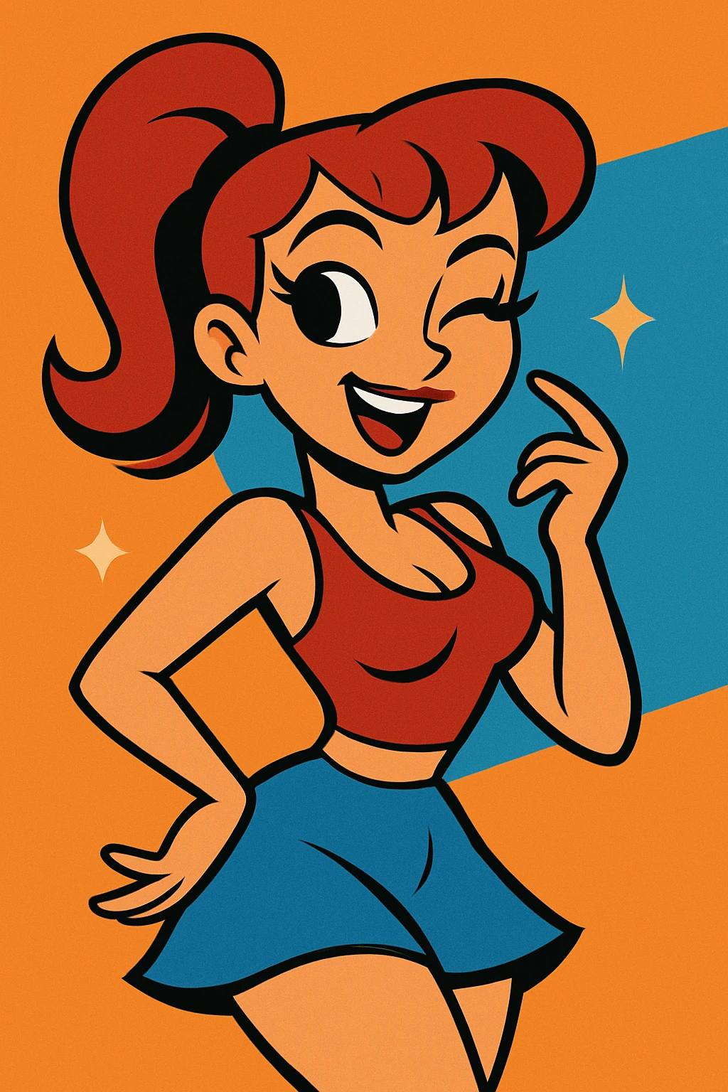 a sexy girl, playful and flirty, winking, bold colors, cartoon style emoji