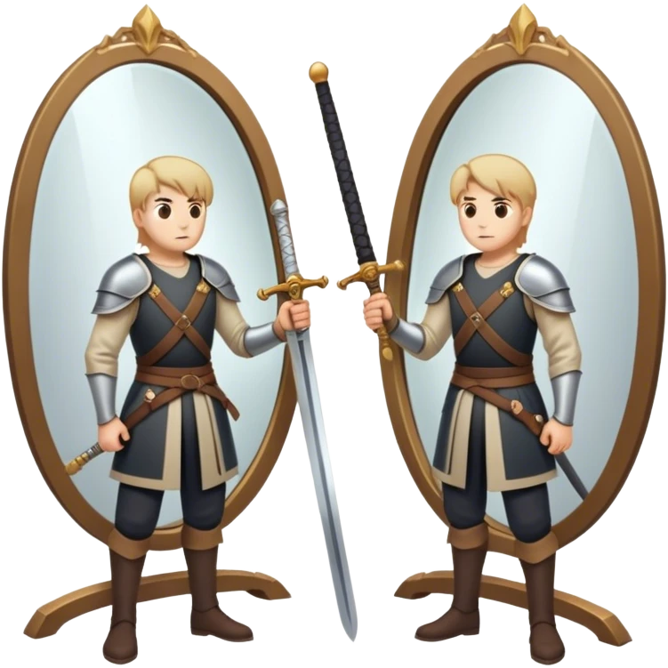 A person standing in front of a mirror, looking at their own reflection, while a sword lies on the ground beside them. The mirror represents self-awareness and acceptance, while the sword symbolizes letting go of the fight against happiness. emoji