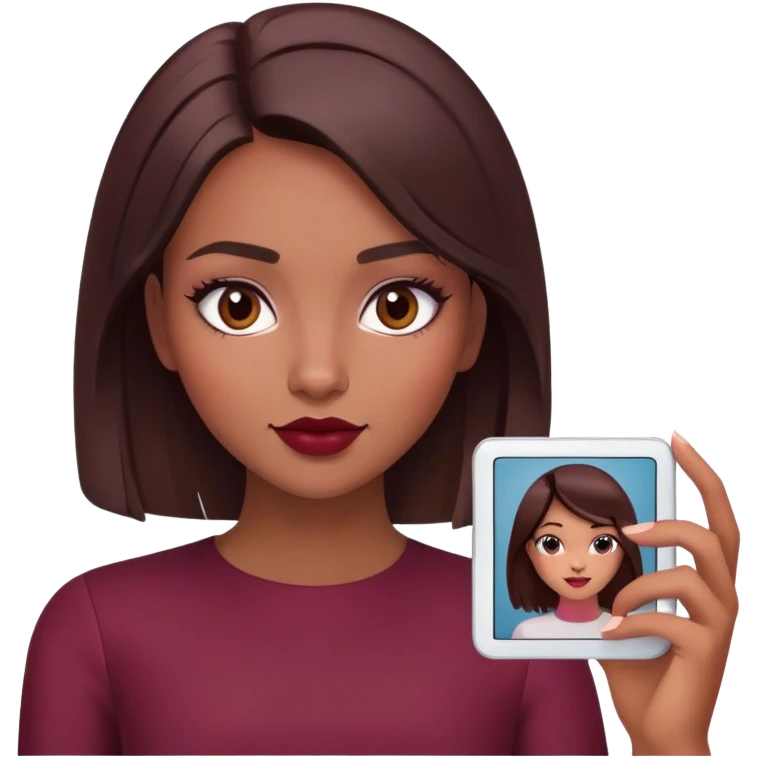 A brunette girl with a square hairstyle , selfie burgundy emoji
