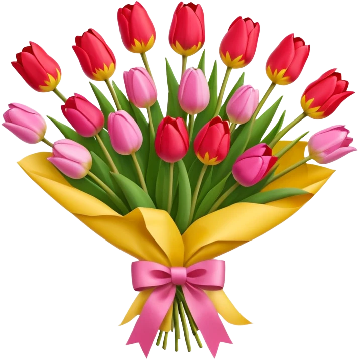 bouquet of tulip with bow and yellow wrapping paper emoji
