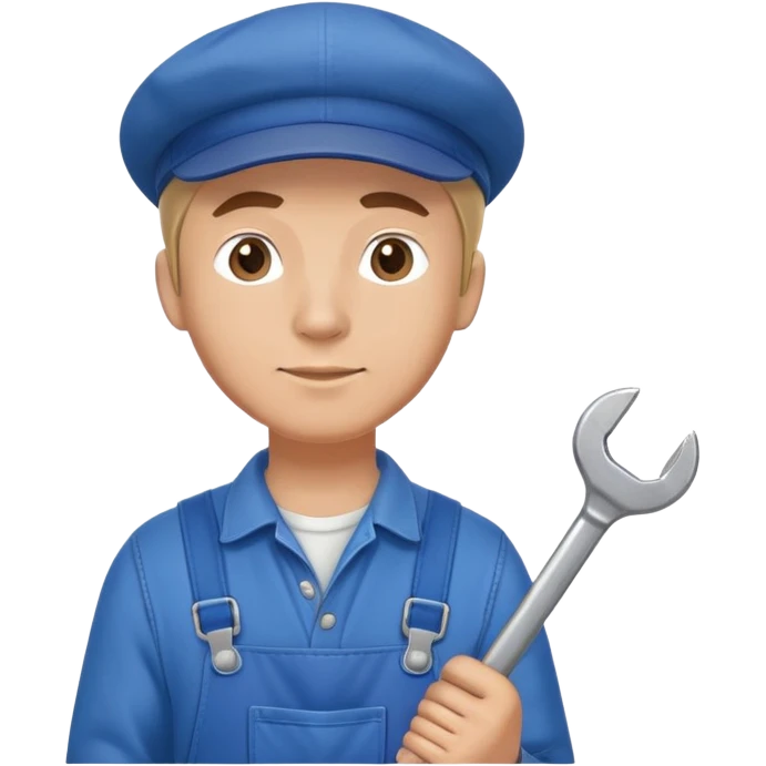 Russian male factory worker wearing overalls and a flat cap holding a wrench emoji