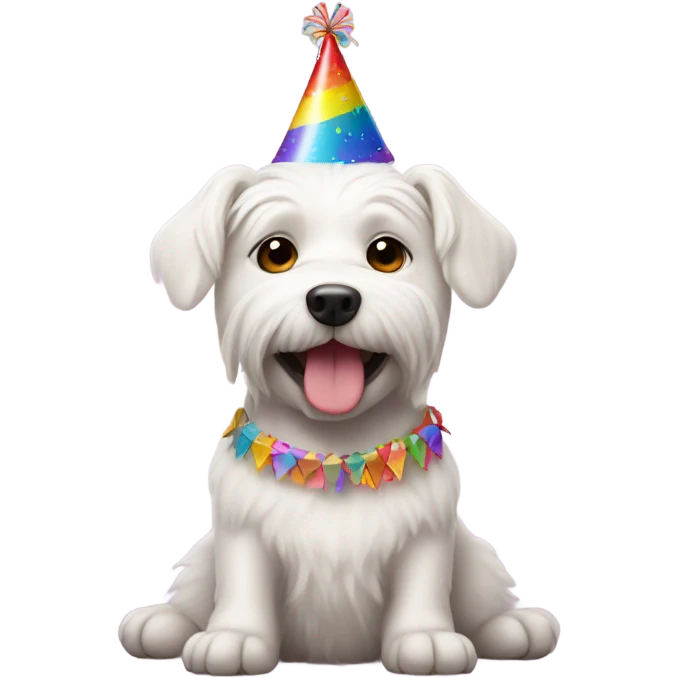White male small dog wearing birthday hat with a cake  emoji