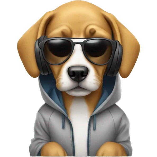 Dog wearing a hoodie with headphones and sunglasses emoji