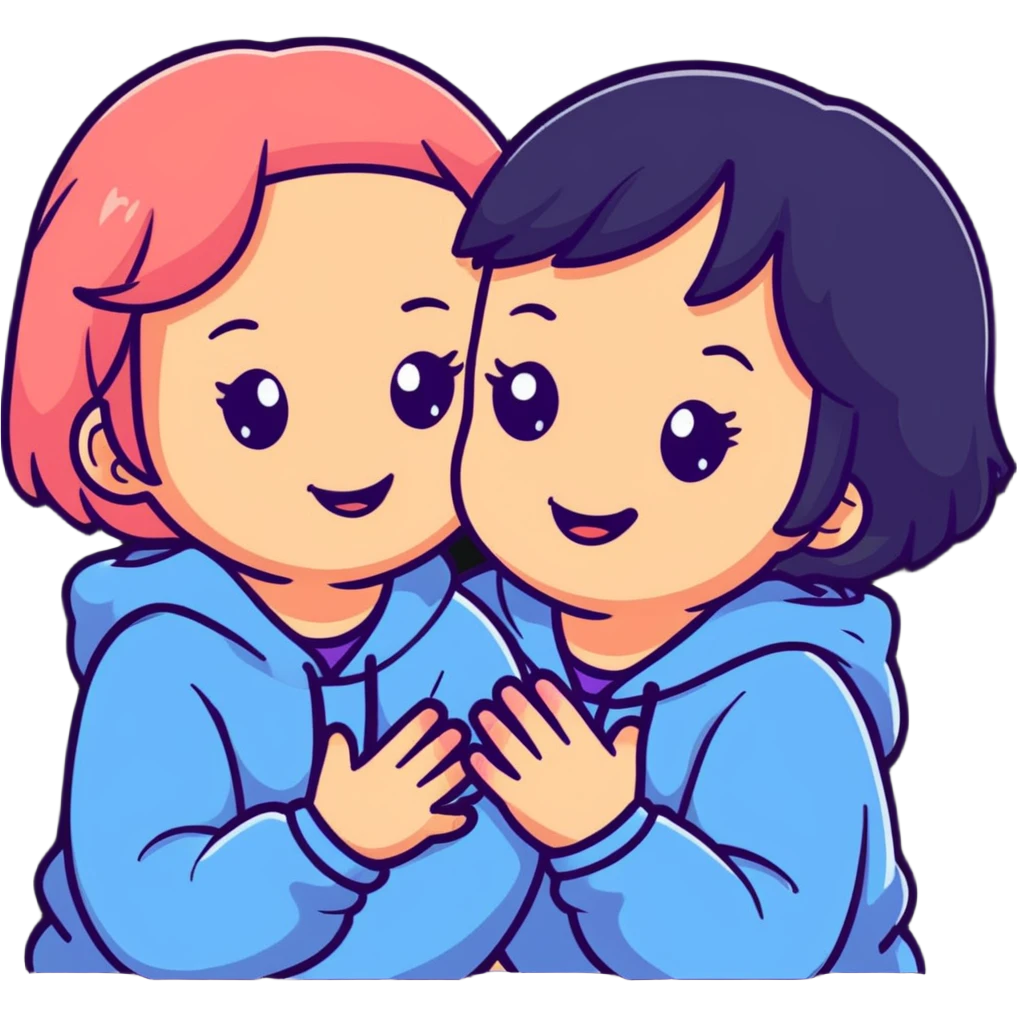 Two adorable girls with their cheeks touching, smiling, friendship pose emoji