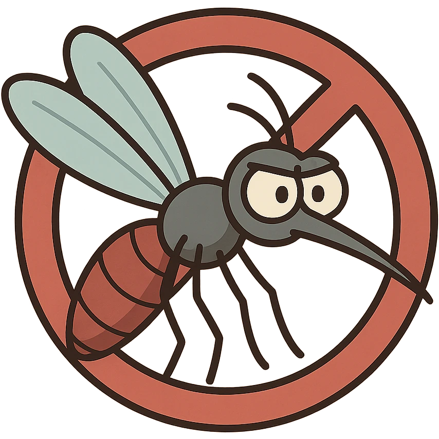 clean simple cartoon-style mosquito with a red prohibition sign circle with diagonal line over it, easy to recognize, suitable for icons or stickers emoji