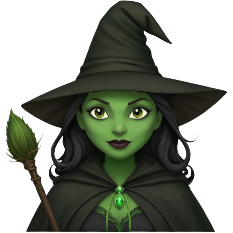 elphaba wicked witch with broom close up, evil dark coily long dark hair, green skin, thick green lips, cheekbones, smirk evil menacing cythia erivo dark aesthetic black hat cloak dark broom emoji