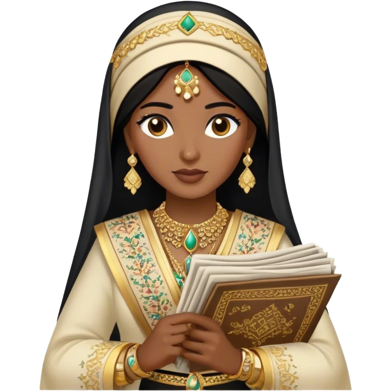 a khaleeji woman dressed in a traditional embroidered outfit,  black hair and a lot of gold accessories holding newspapers  emoji