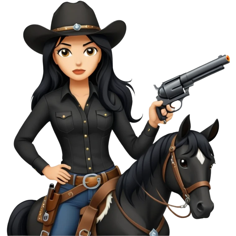 confident hot tanned woman with long black hair cowgirl style wearing black outfit with gun and horse emoji