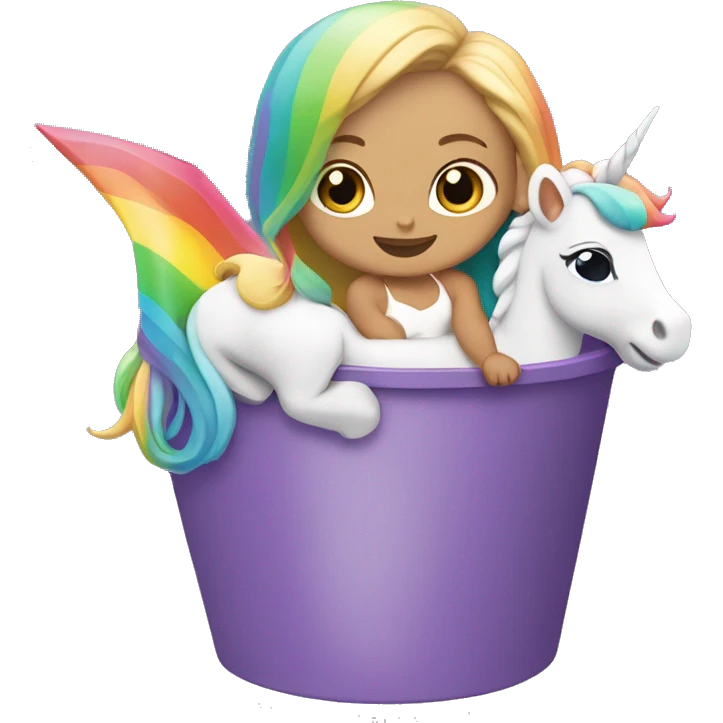 Blonde baby girl, inside of a green bucket riding a unicorn with rainbow hair ￼ emoji