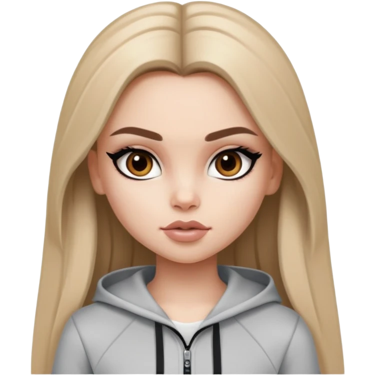 pretty bratz girl, long dark blonde hair, brown eyes, black eyeliner, pale skin, athletic clothes emoji