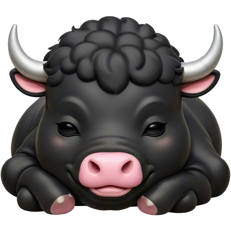 Meme-Worthy Cute Sleeping Black Bull Portrait Emoji, Head resting peacefully with a contented smile, showcasing a robust, massive build and a luxuriously soft pure black hide, eyes shut in a serene, restful nap, Simplified yet hilariously adorable features, highly detailed, glowing with a soft, drowsy light, high shine, relaxed and utterly lovable, stylized with an air of playful laziness, bright and heartwarming, soft glowing outline, capturing the essence of a comically sleepy guardian, so meme-worthy it feels like it could instantly become the next viral sensation of adorable slumber! emoji