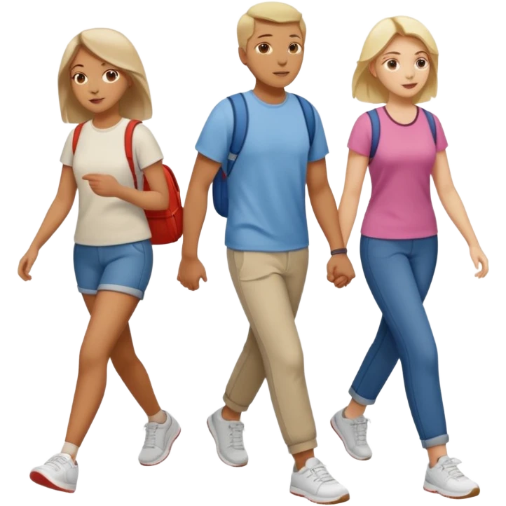 iOS emoji style - a men and 2 women in casual clothes and wearing trainers. Walking in the same direction quickly together. 
Not holding hands. 
 emoji