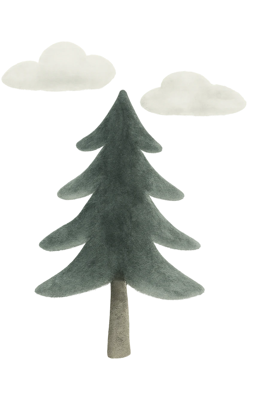 illustration of a simple single evergreen tree with clouds in folk art style, dark neutral forest color tones, watercolor texture with outlines, suitable for favicon emoji