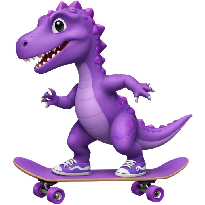a purple dinosaur on a skateboard wearing a coat with sneakers in the bottom emoji