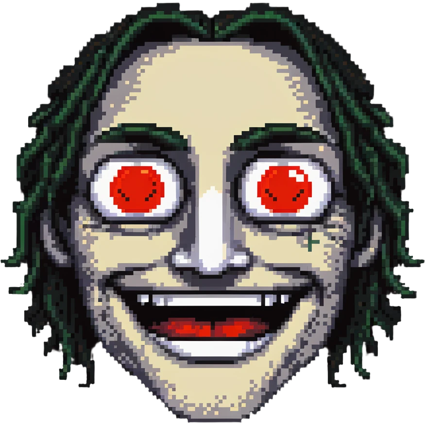 A pixelated face with droopy eyelids, bloodshot eyes, and a blissful smile - looking high and stoned emoji