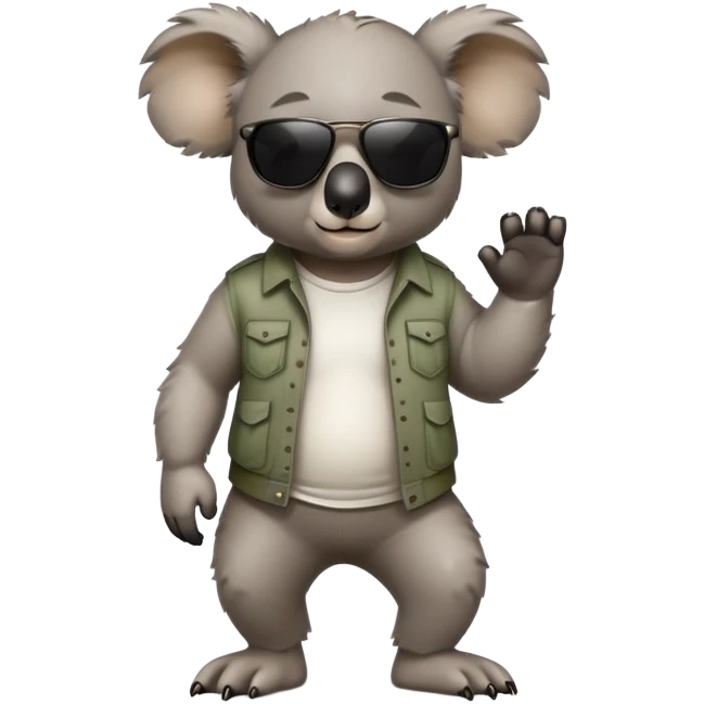 anthropomorphised koala in casual clothing, wearing dark sunglasses, walking upright, looking like a tough guy emoji