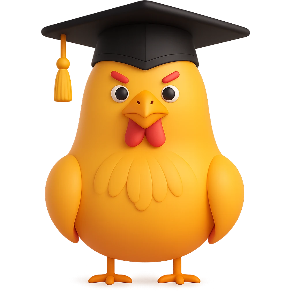 Add a graduation cap to the clever chicken, 3d emoji style, no background. emoji