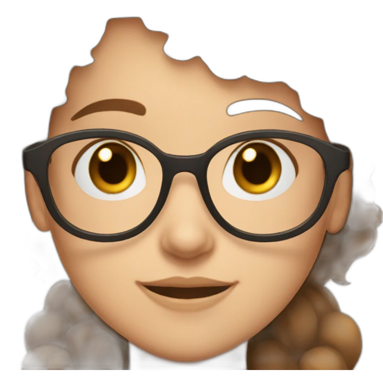 a girl with kurly brown hair brown eyes and round glasses and her skincoller is wite emoji