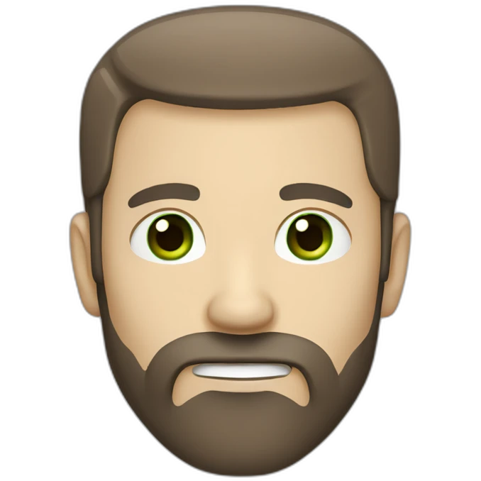 Grey temple dark brown thin face white guy with green eyes and a brown beard emoji